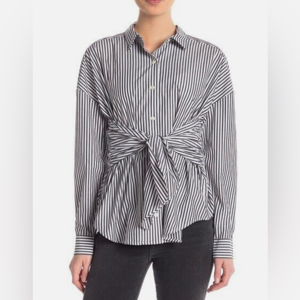 FRAME Tie Front Button-Down Black & White Stripe Cotton Shirt Top Blouse Size XS